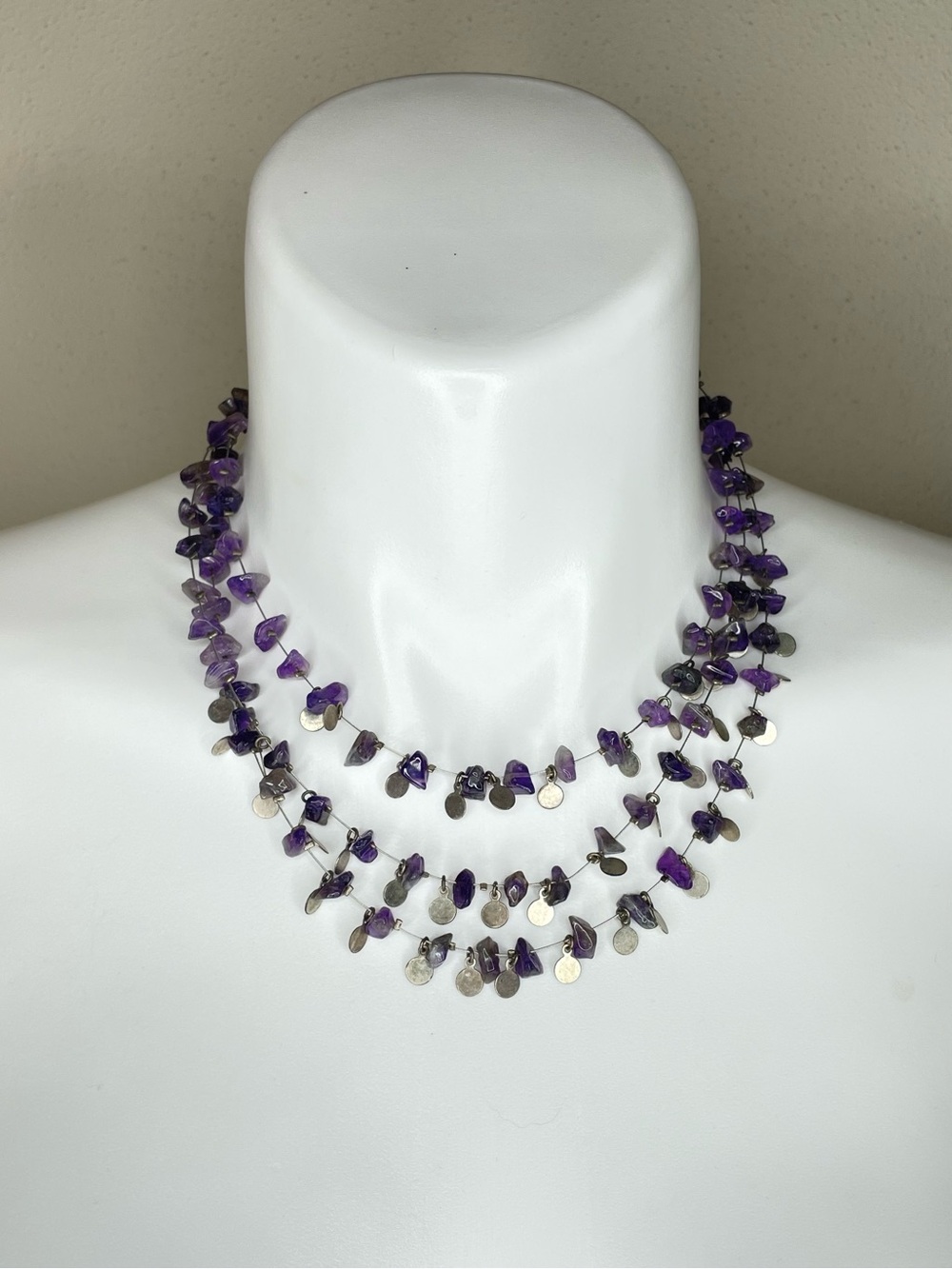 Three Strand Amethyst Chip Necklace with Silver Disc Accents 14”